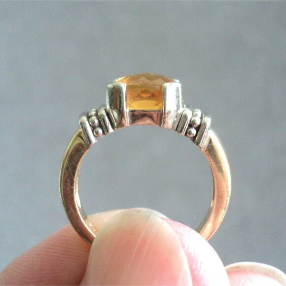 Vintage 14K Yellow GOLD Cushion CITRINE RING Silver/White Ball Accents Size 6.5